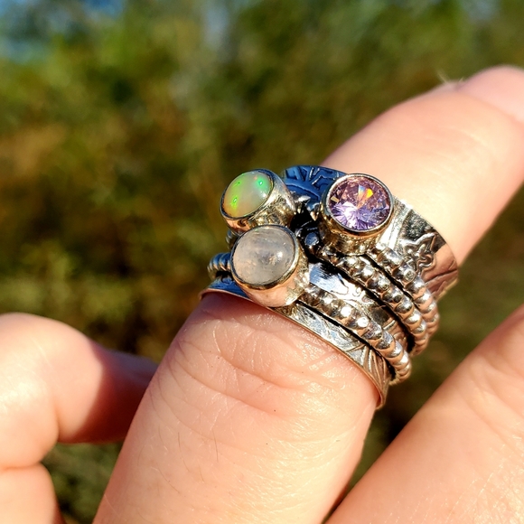 New Ethiopian Opal, Rainbow Moonstone and Pink Topaz Silver Spinner Ring. - Picture 11 of 16